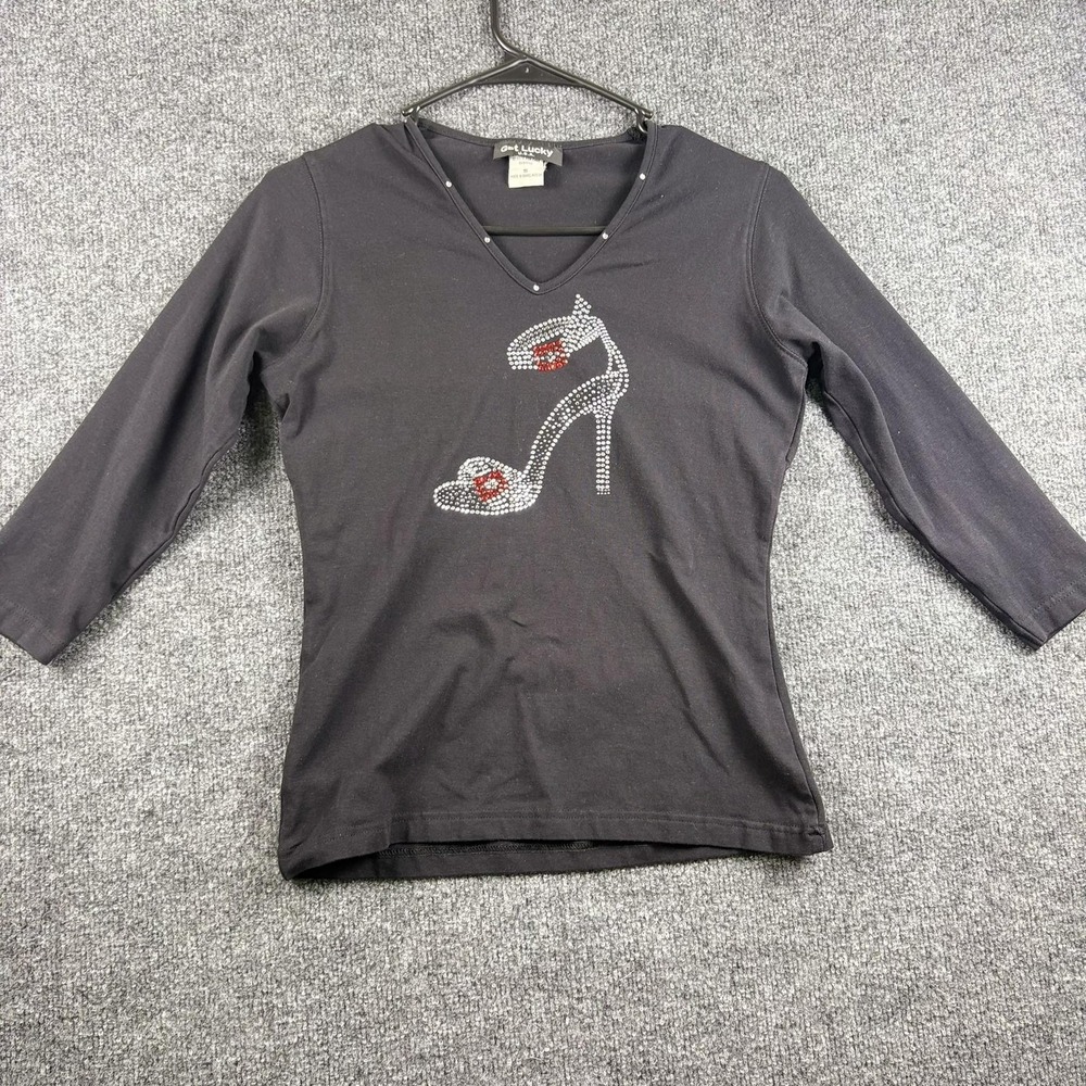 Get Lucky Shirt Womens Small Black Rhinestone High Heel V Neck 3/4 Sleeve Top